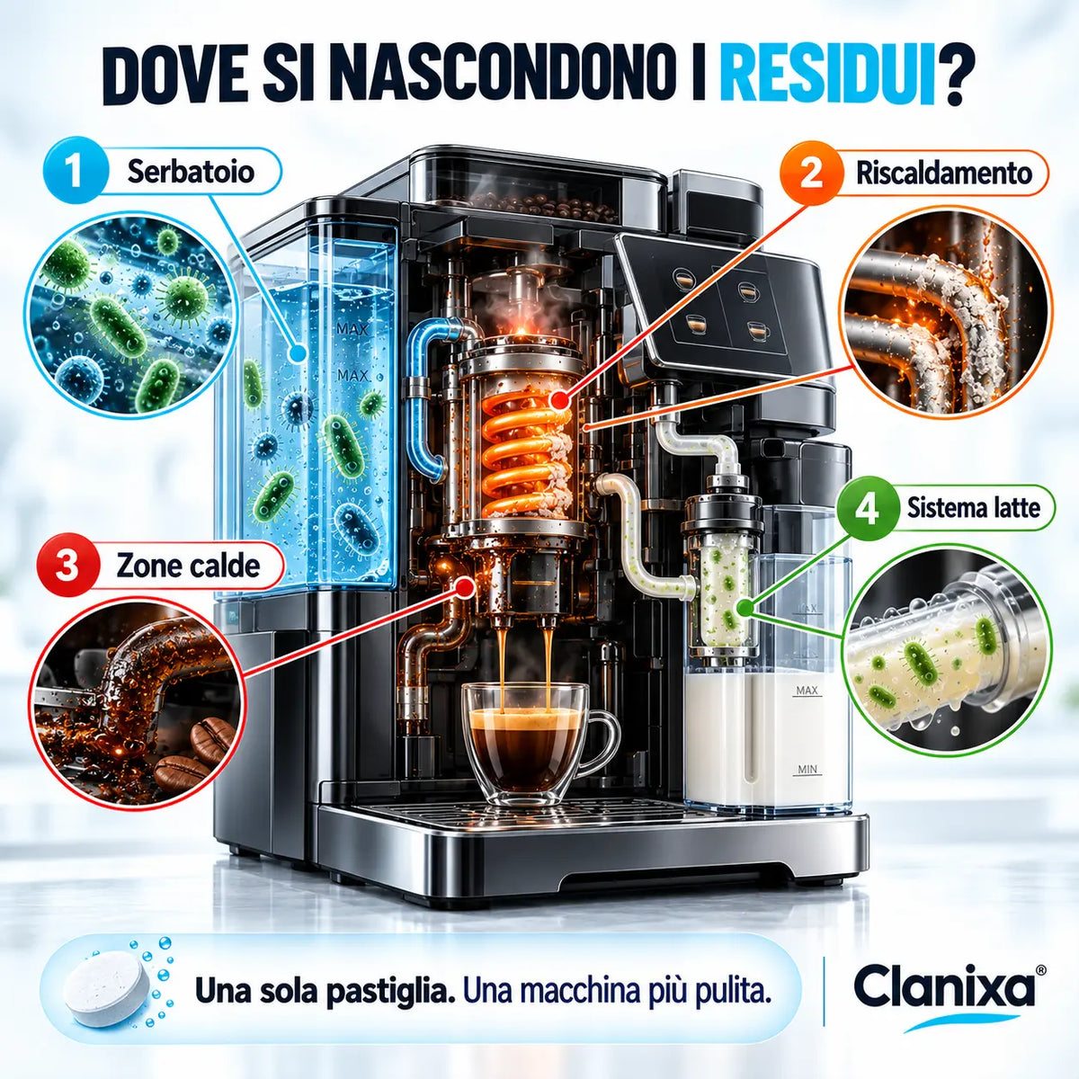 Clanixa CleanCare – Pastiglie per la Pulizia della Macchina da Caffè