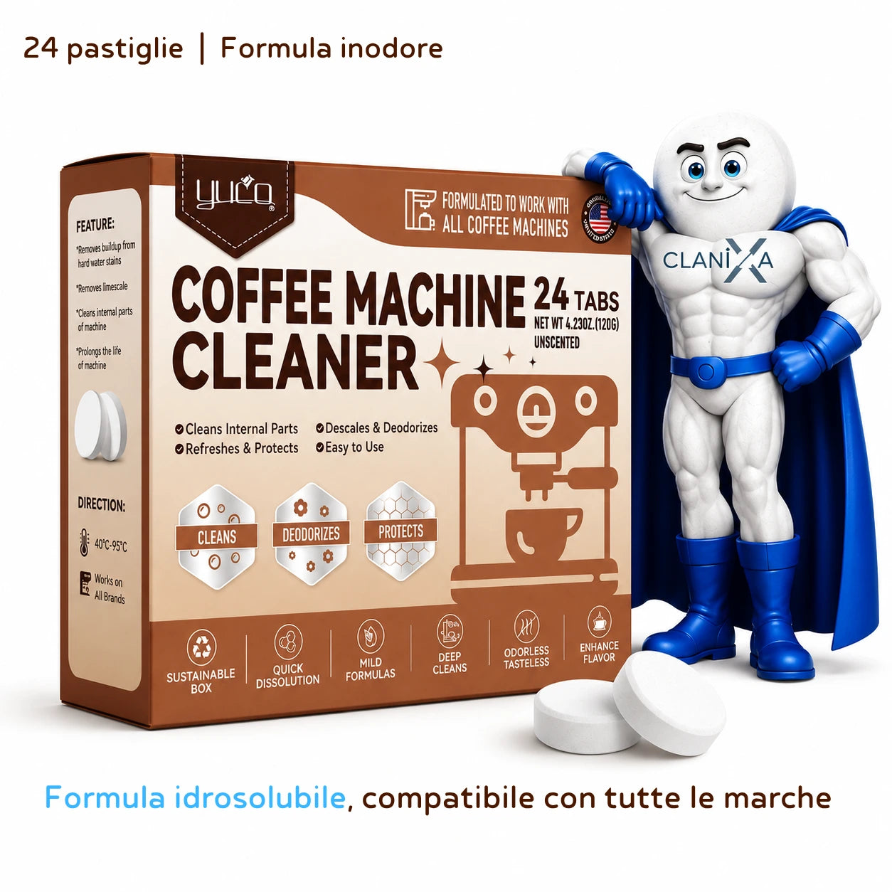 Clanixa Pastiglie 3 in 1 – Anticalcare, Sistema Latte e Circuiti Interni